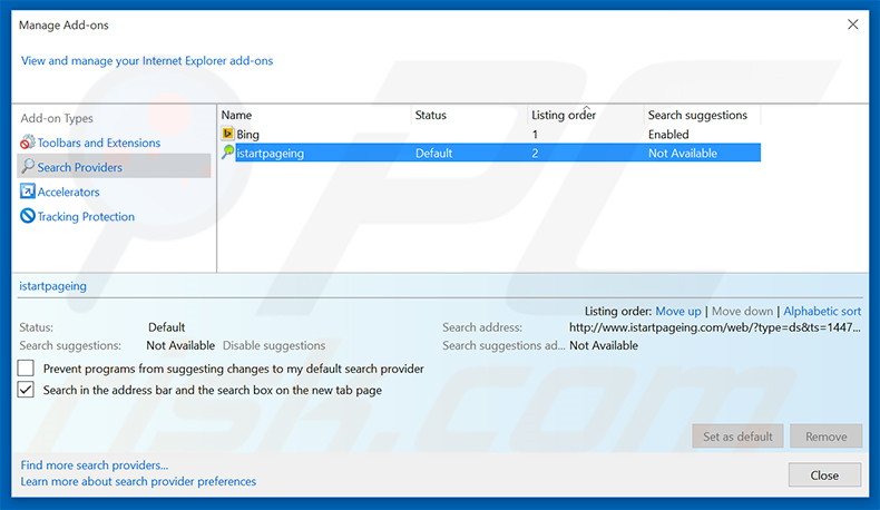 Removendo o motor de busca inicial istartpageing.com do Internet Explorer