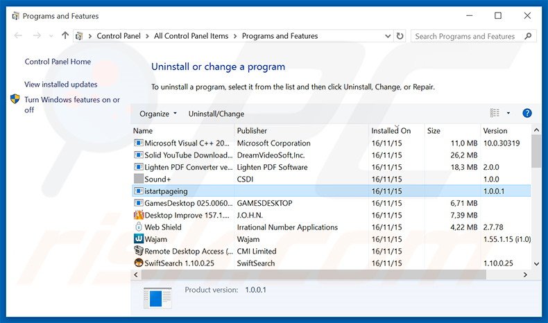 desinstalar o sequestrador de navegador istartpageing.com via Painel de Controlo