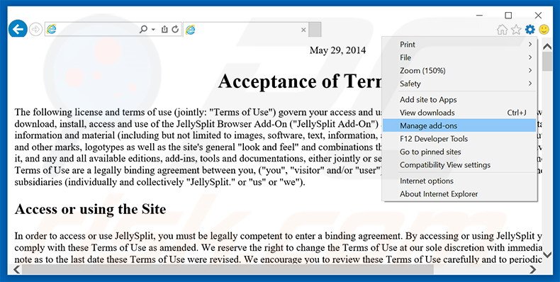 Removendo os anúncios JellySplit do Internet Explorer passo 1