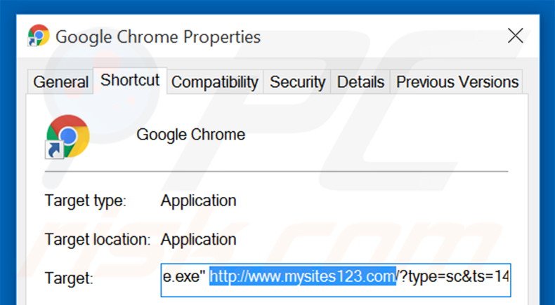 Removendo mysites123.com do atalho do Google Chrome passo 2
