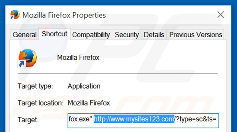 Removendo mysites123.com do atalho do Mozilla Firefox passo 2