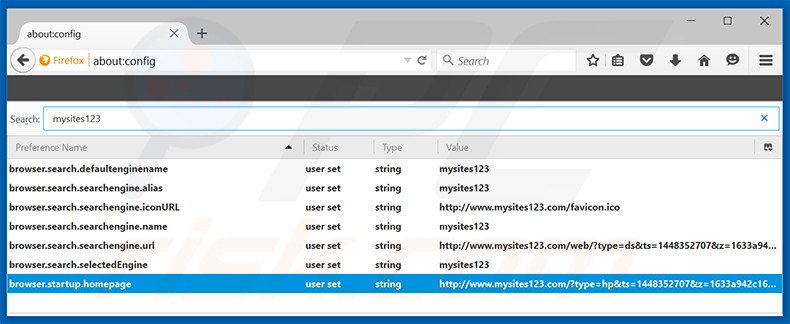 Removendo a página inicial mysites123.com e motor de busca padrão do Mozilla Firefox