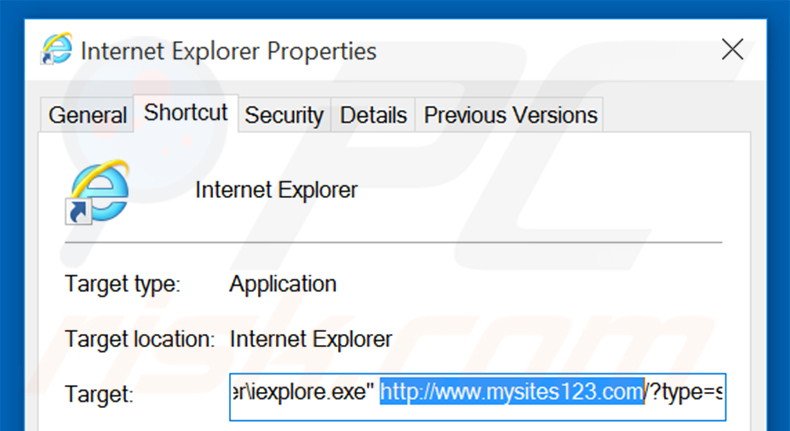 Removendo mysites123.com do atalho do Internet Explorer passo 2