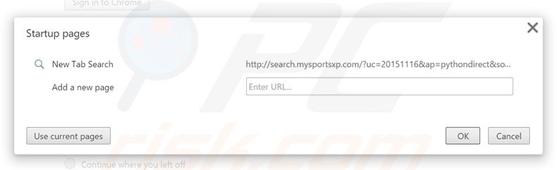 Removendo a página inicial search.mysportsxp.com do Google Chrome
