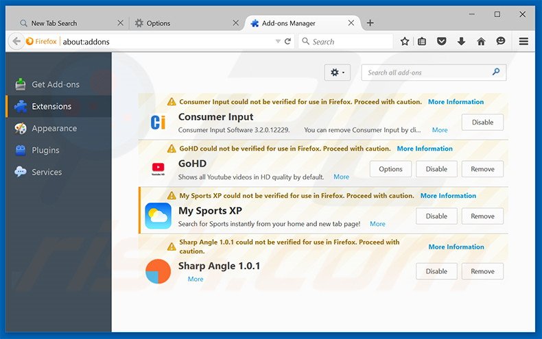 Removendo as extensões relacionadas a search.mysportsxp.com do Mozilla Firefox