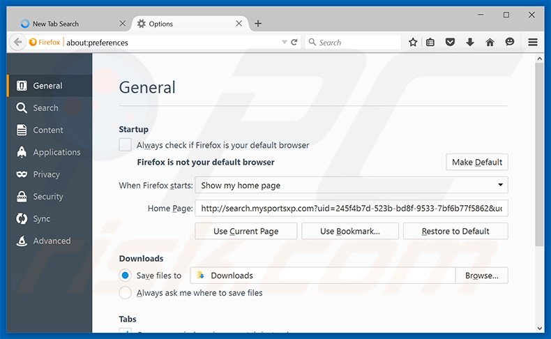 Removendo a página inicial search.mysportsxp.com do Mozilla Firefox
