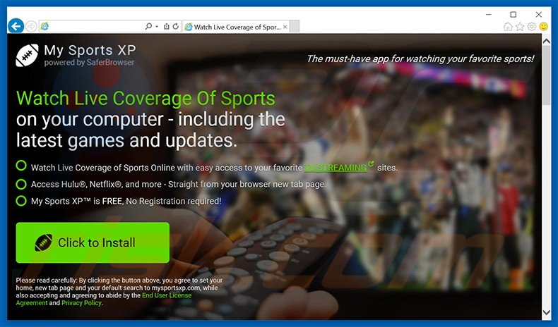 Website a promover o sequestrador de navegador My Sports XP