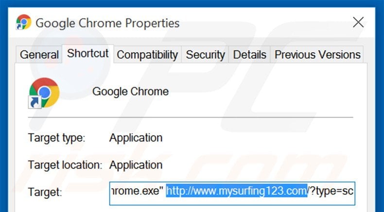 Removendo mysurfing123.com do atalho do Google Chrome passo 2