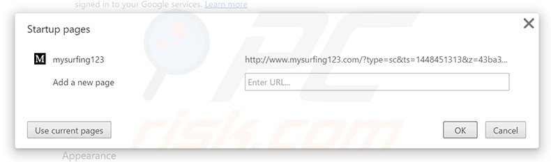 Remova a página inicial mysurfing123.com do Google Chrome