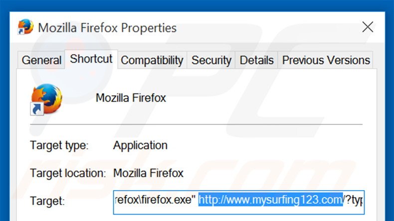 Removendo mysurfing123.com do atalho do Mozilla Firefox passo 2