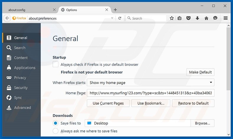 Removendo mysurfing123.com da página inicial do Mozilla Firefox