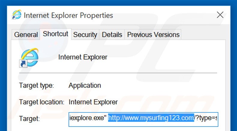 Removendo mysurfing123.com do atalho do Internet Explorer passo 2