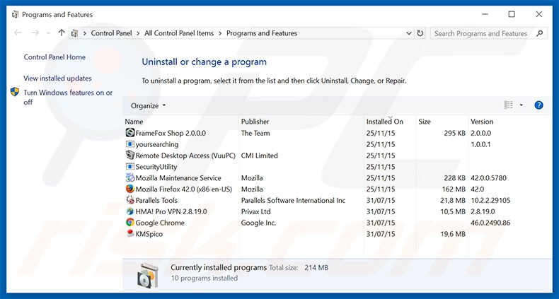 desinstalar o sequestrador de navegador mysurfing123.com via Painel de Controlo