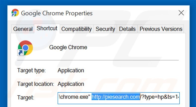 Removendo piesearch.com do atalho do Google Chrome passo 2