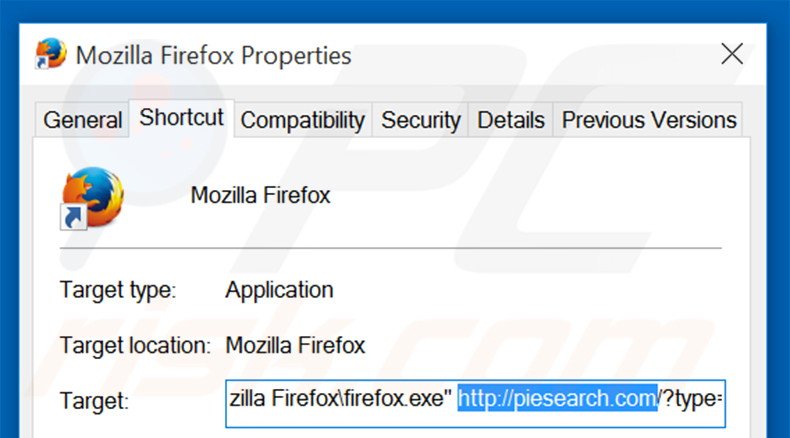 Removendo piesearch.com do atalho do Mozilla Firefox passo 2