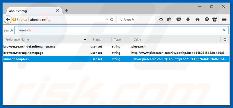 Removendo a página inicial piesearch.com e motor de busca padrão do Mozilla Firefox