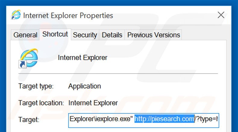 Removendo piesearch.com do atalho do Internet Explorer passo 2