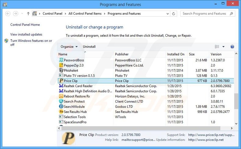 desinstale o adware price clip via Painel de Controlo