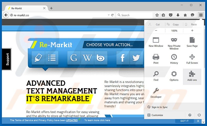 Removendo os anúncios Re-Markit do Mozilla Firefox passo 1