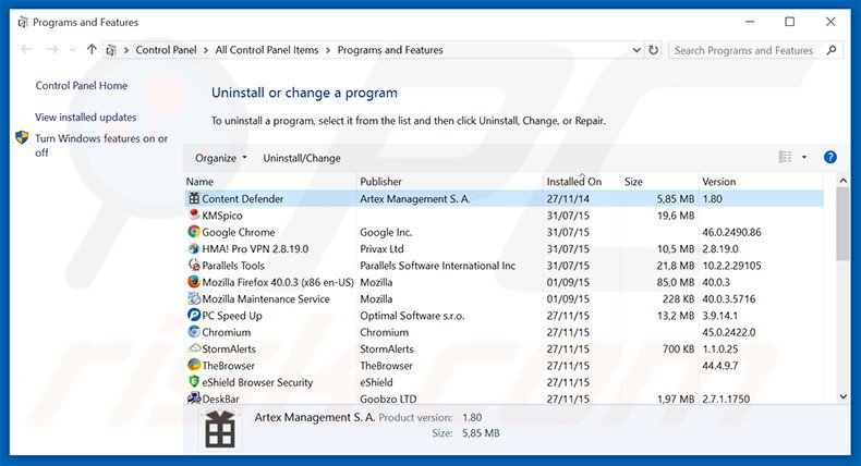 desinstalar o adware Serpens via Painel de Controlo