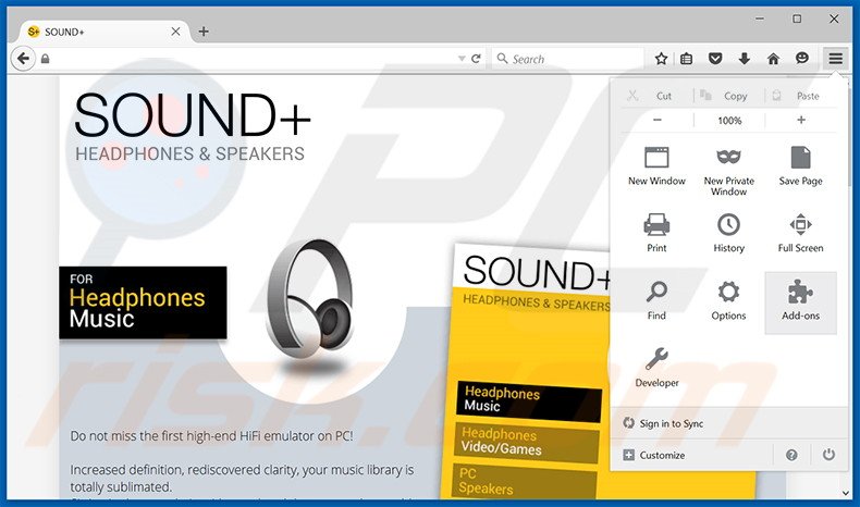 Removendo os 'Anúncios Sound+' do Mozilla Firefox passo 1