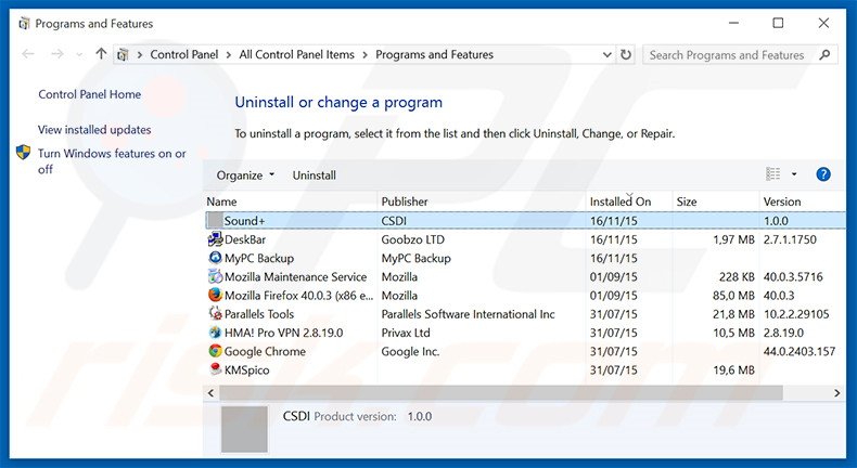 desinstalar o adware Sound+ via Painel de Controlo