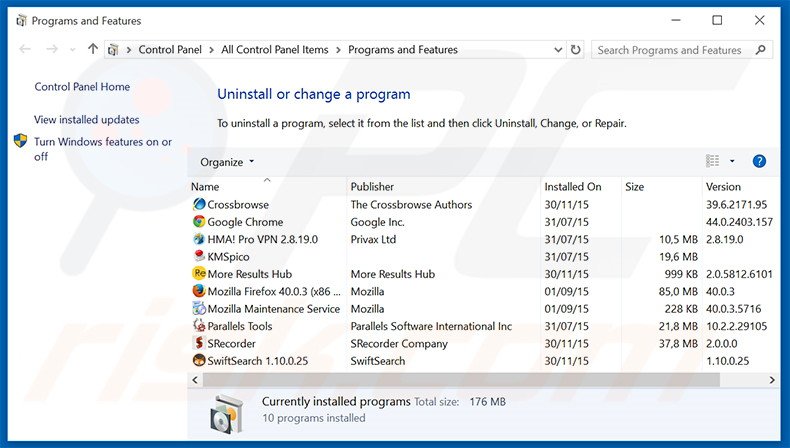 desinstalar o sequestrador de navegador srch.bar via Painel de Controlo