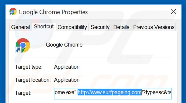 Removendo surfpageing.com do atalho do Google Chrome passo 2