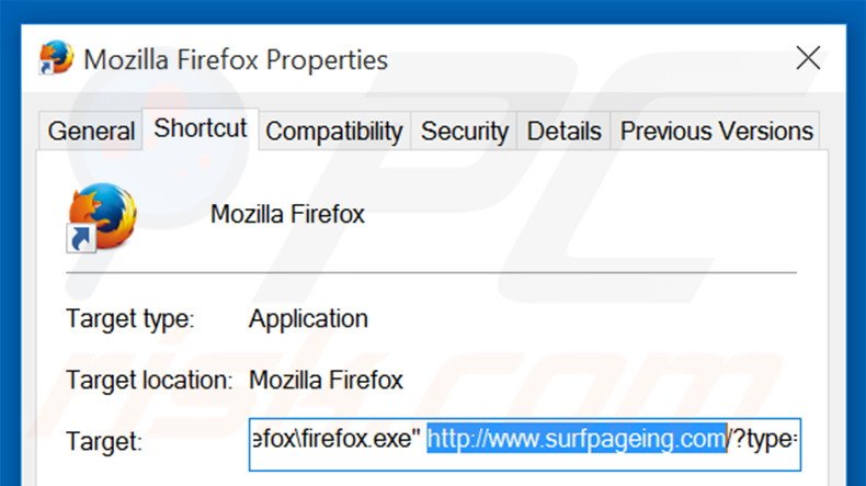 Removendo surfpageing.com do atalho do Mozilla Firefox passo 2