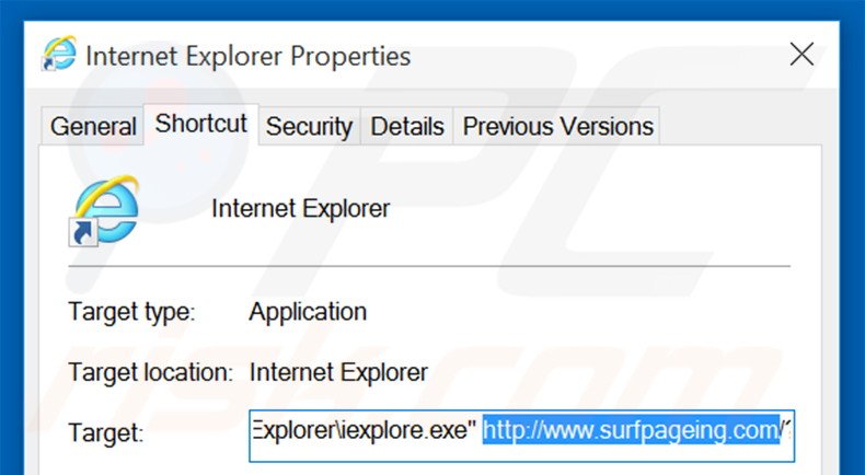 Removendo surfpageing.com do atalho do Internet Explorer passo 2
