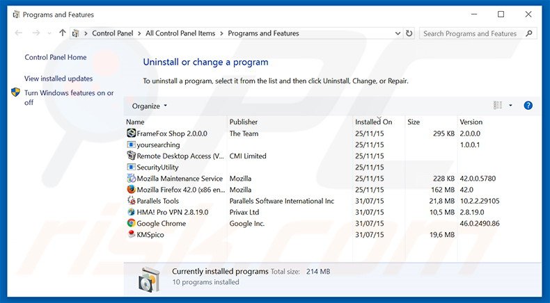 desinstalar o sequestrador de navegador surfpageing.com via Painel de Controlo