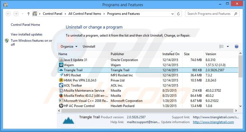 desinstalar o adware Triangle Trail via Painel de Controlo