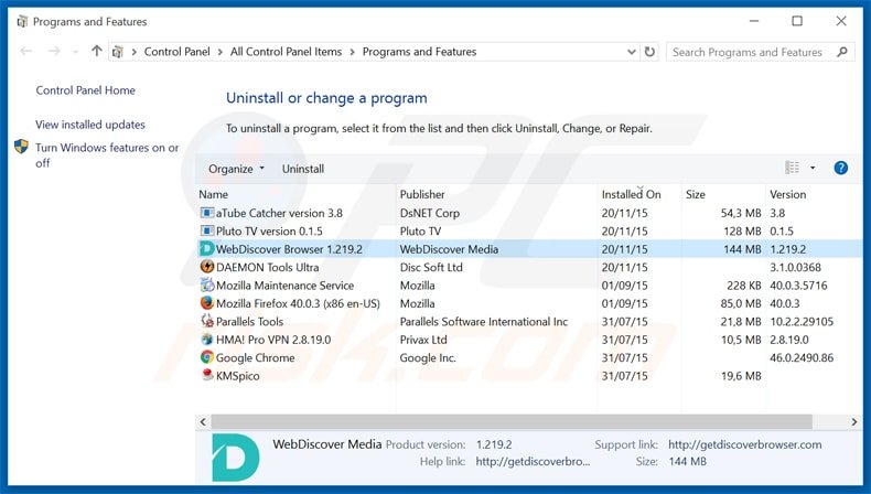 desinstalar o adware de navegador webdiscover através do Painel de Controlo