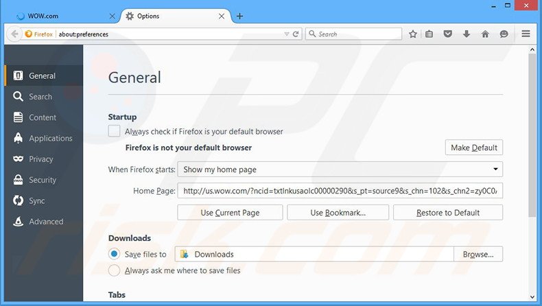 Removendo a página inicial wow.com do Mozilla Firefox
