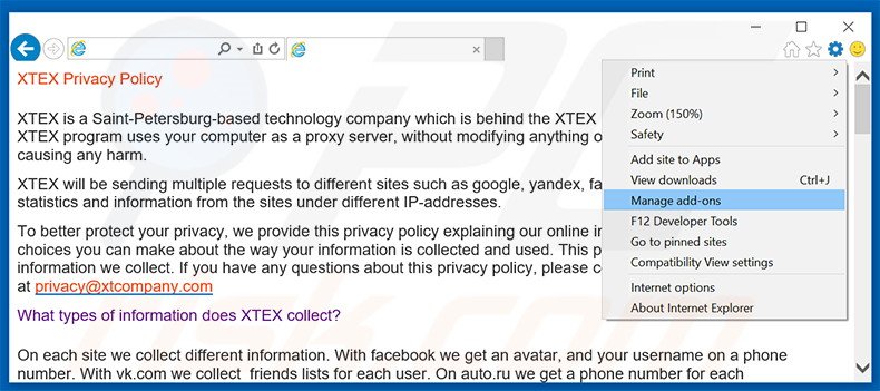 Removendo os anúncios XTEX do Internet Explorer passo 1