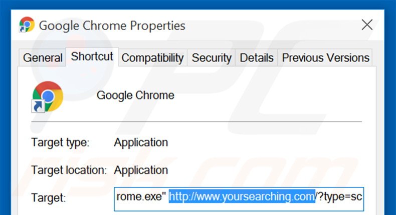 Removendo yoursearching.com do atalho do Google Chrome passo 2