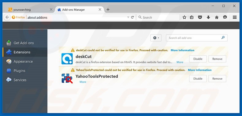 Removendo as extensões relacionadas a yoursearching.com do Mozilla Firefox