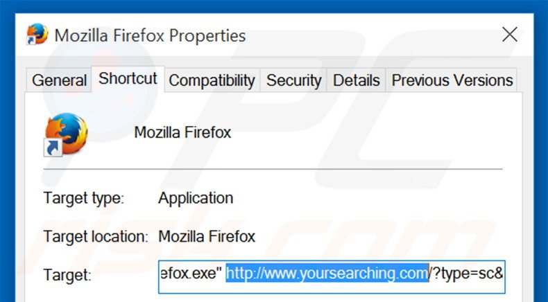 Removendo yoursearching.com do atalho do Mozilla Firefox passo 2