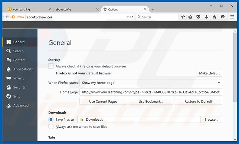 Removendo a página inicial yoursearching.com do Mozilla Firefox