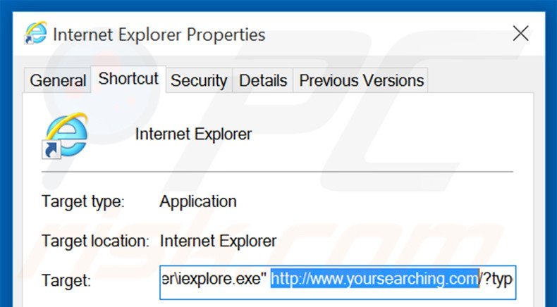 Removendo yoursearching.com do atalho do Internet Explorer passo 2