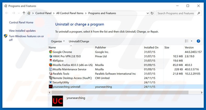 desinstalar o sequestrador de navegador yoursearching.com via Painel de Controlo