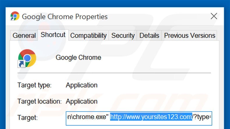 Removendo yoursites123.com do atalho do Google Chrome passo 2