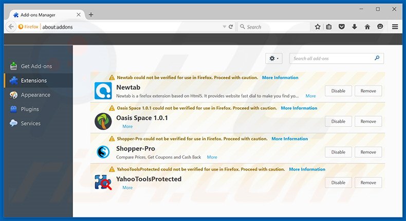 Removendo as extensões relacionadas a yoursites123.com do Mozilla Firefox