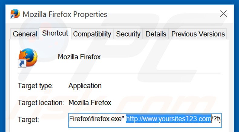 Removendo yoursites123.com do atalho do Mozilla Firefox passo 2