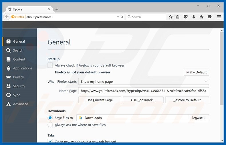 Removendo a página inicial yoursites123.com do Mozilla Firefox