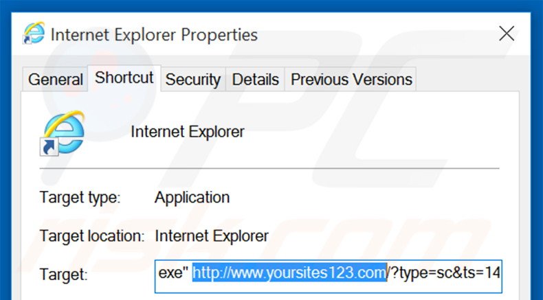 Removendo yoursites123.com do atalho do Internet Explorer passo 2