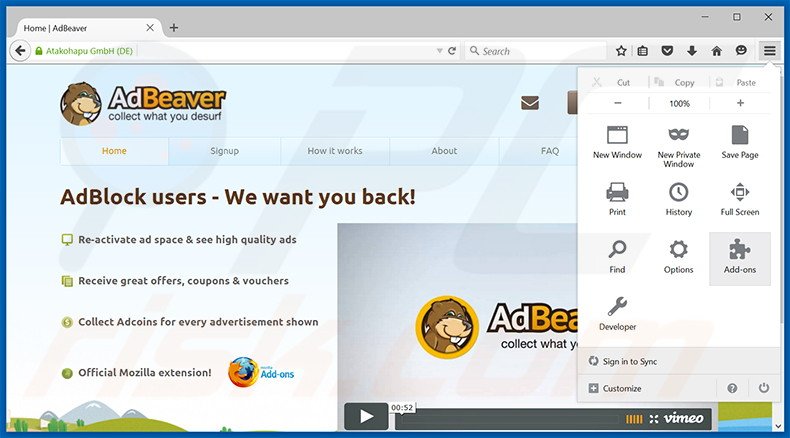 Removendo os anúncios AdBeaver do Mozilla Firefox passo 1