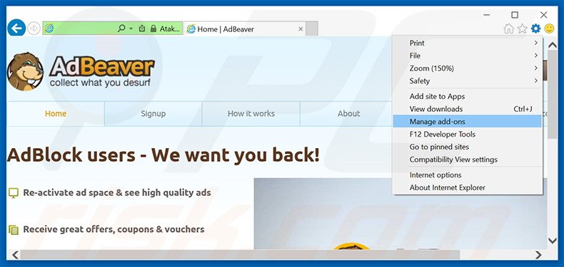 Removendo os anúncios AdBeaver do Internet Explorer passo 1