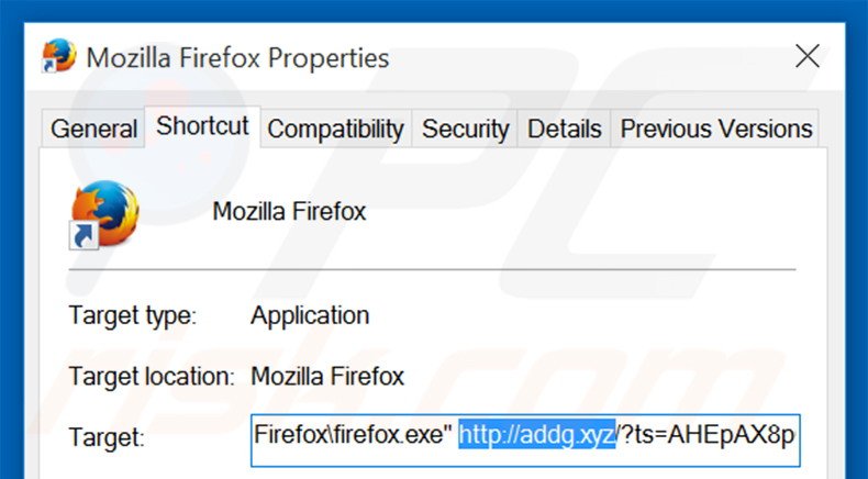Removendo addg.xyz do atalho do Mozilla Firefox passo 2