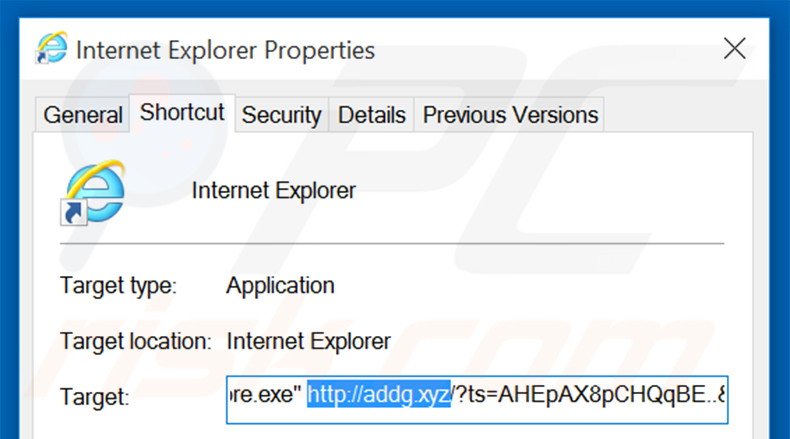 Removendo addg.xyz do atalho do Internet Explorer passo 2